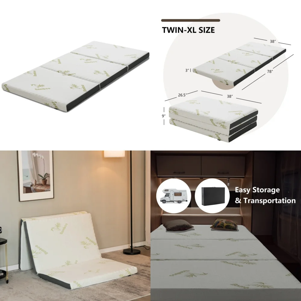 

MattressesPortable Twin XL 3 Inch Tri Fold Memory Foam Mattress Topper with Carry Bag for Comfortable Sleeping Anywhere