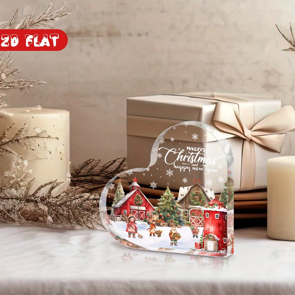 Rural Christmas Farm Heart Acrylic Keepsake Plaque, Holiday Character Tabletop Decoration