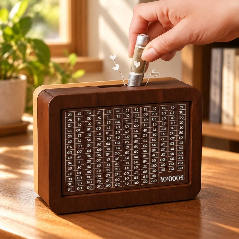 Kids' Wooden Cash Vault for Savings Challenge, Refillable Money Holder with 1000-10000 Euro Capacity