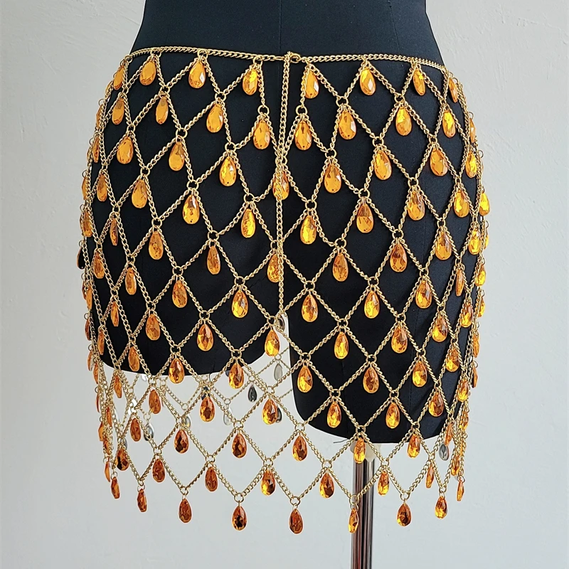 Damen Strass Netz Bauchtanz Minirock Gold Tränenketten-Hüfttuch Hochgeschnittener Festival Rave Party Clubwear Outfit – Detail 8