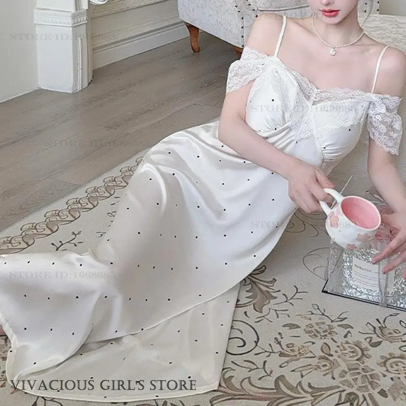 Sexy Off Shoulder Lace Nightgown Women Chemise Sleepwear Silky Satin Long Nightdress Loungewear French Court Style Home Dress