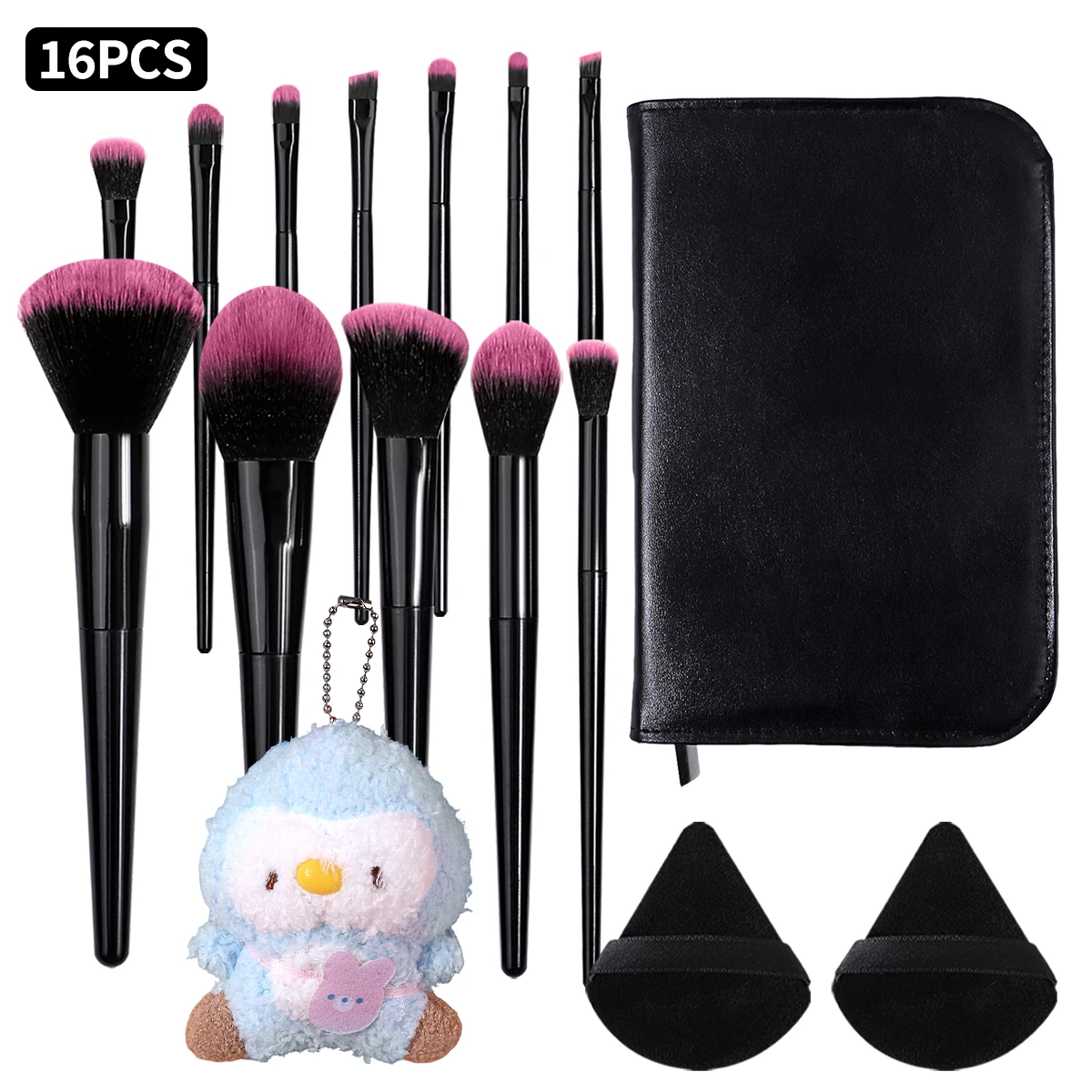 16Pcs Gradient Pink Makeup Brush Set Soft Synthetic Hair Face Eye Cosmetic Brushes With 2 Triangle Velvet Powder Puffs Black Mak