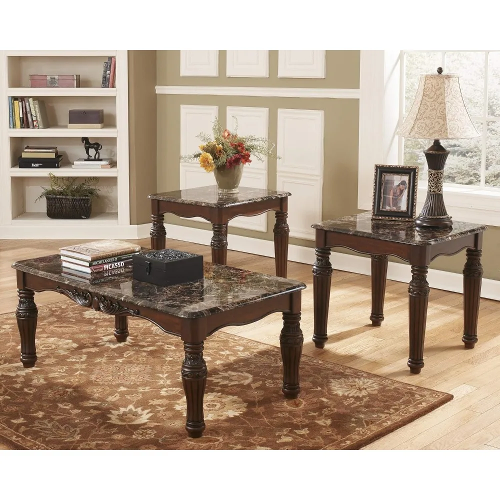 North Shore Traditional Faux Marble 3-Piece Table Set, Includes Coffee Table and 2 End Tables, Dark Brown