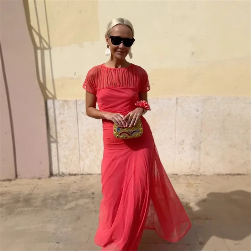 فستان لربيع وصيف 2025 شبكي برقبة دائرية شفافة بطيات فستان نسائي غير رسمي للحفلات Y2K موضة عصرية