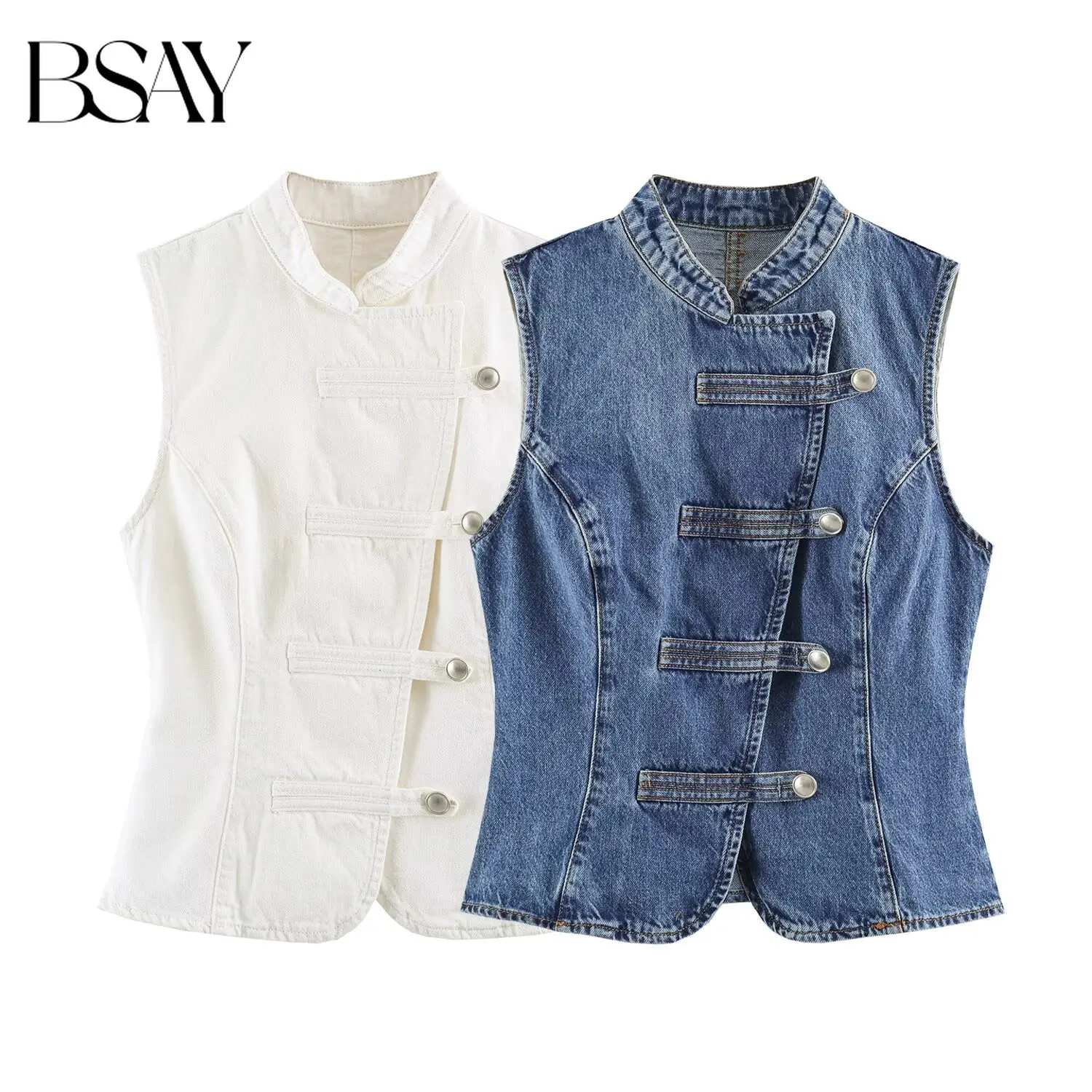 

BSAY Summer Women's 2026 New Chinese Style Denim Vest Frog Button Sleeveless Stand Collar Slim Fit Casual Waistcoat For Ladies