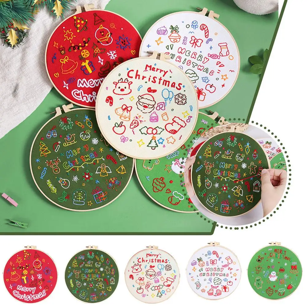 1Pc Christmas Embroidery Kit For Adult Beginners Handmade Embroidery DIY Material Bag Embroidery Cloth Hoops Threads Christ R5E3