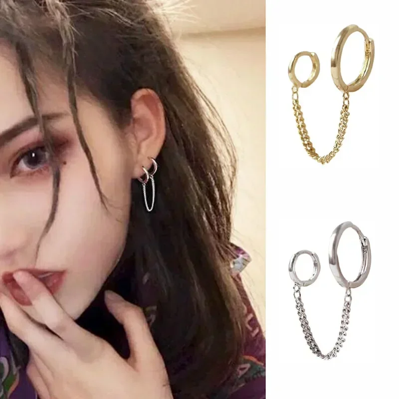Punk Cool Two Hole Piercing Earrings Gold Silver Color Long Tassel Chain Drop Earrings for Women Fashion Jewelry Gifts Korean