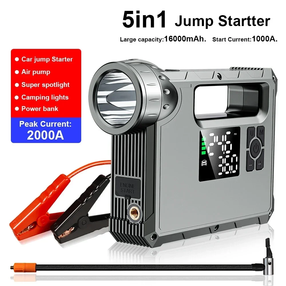 2000A Car Jump Starter with Air Compressor Portable Flashlight Starting Device Power Bank Battery Automotive Booster Start