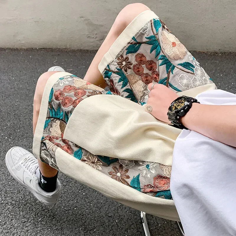 Pop Summer Cotton Shorts Men Oversized Retro Embroidered Shorts Men Japanese Streetwear Loose Flower Shorts Mens Large Size 5XL