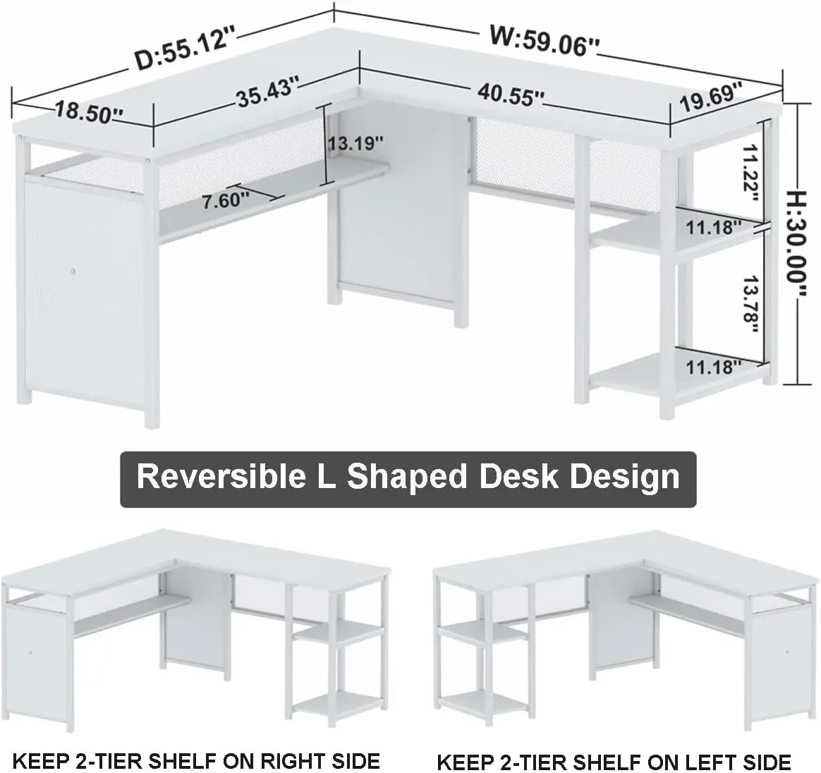 Reversible Modern Corner Desk for Home Office, Rustic Wood and Metal Desk with Storage, White Oak (59 Inch)