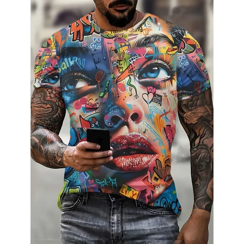 Fashion Men's Abstract Face Art Print T-Shirt Vibrant Street Art Casual Daily Wear Top Funny Graphic T Shirt for Men Streetwear