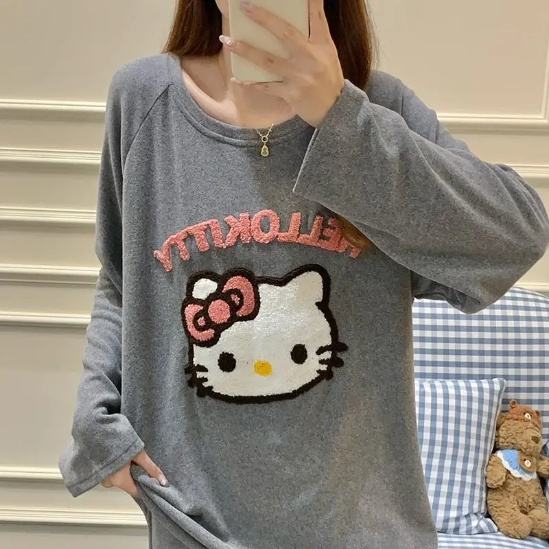 

Hello Kittys Pajamas Women Cartoon Round Neck Long Sleeve Sleepwear Girls Sweet Cute Autumn and Winter Warm Home Clothing Set