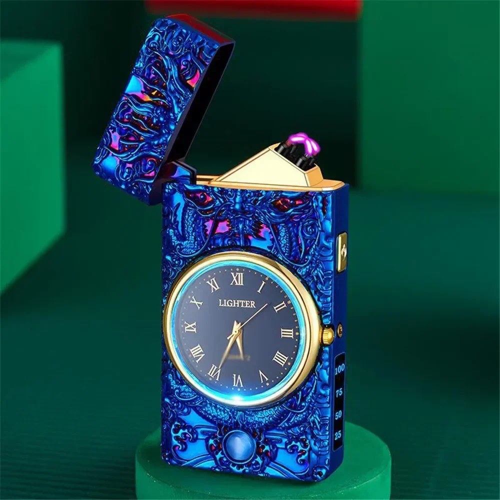 LED Light USB Electric Lighter Embossed Dragon and Watch Plasma Flameless Power Display Dual Arc Lighter Creative Men\'s Gift