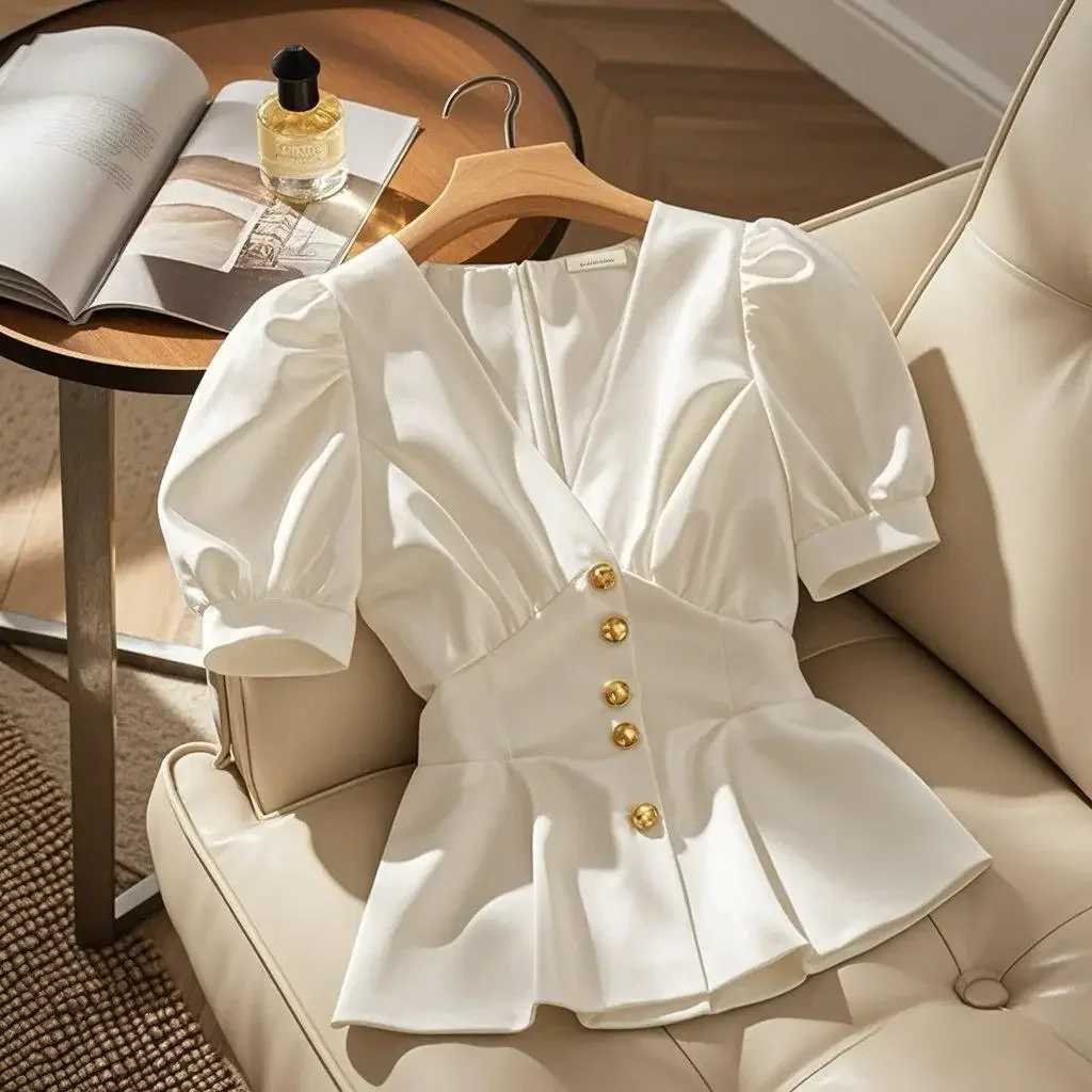 

Поп-французские элегантные элитные рубашки с короткими рукавами, женские летние белые рубашки в стиле ретро с отложным воротником, тонкие блузки, женские шикарные офисные сгустки