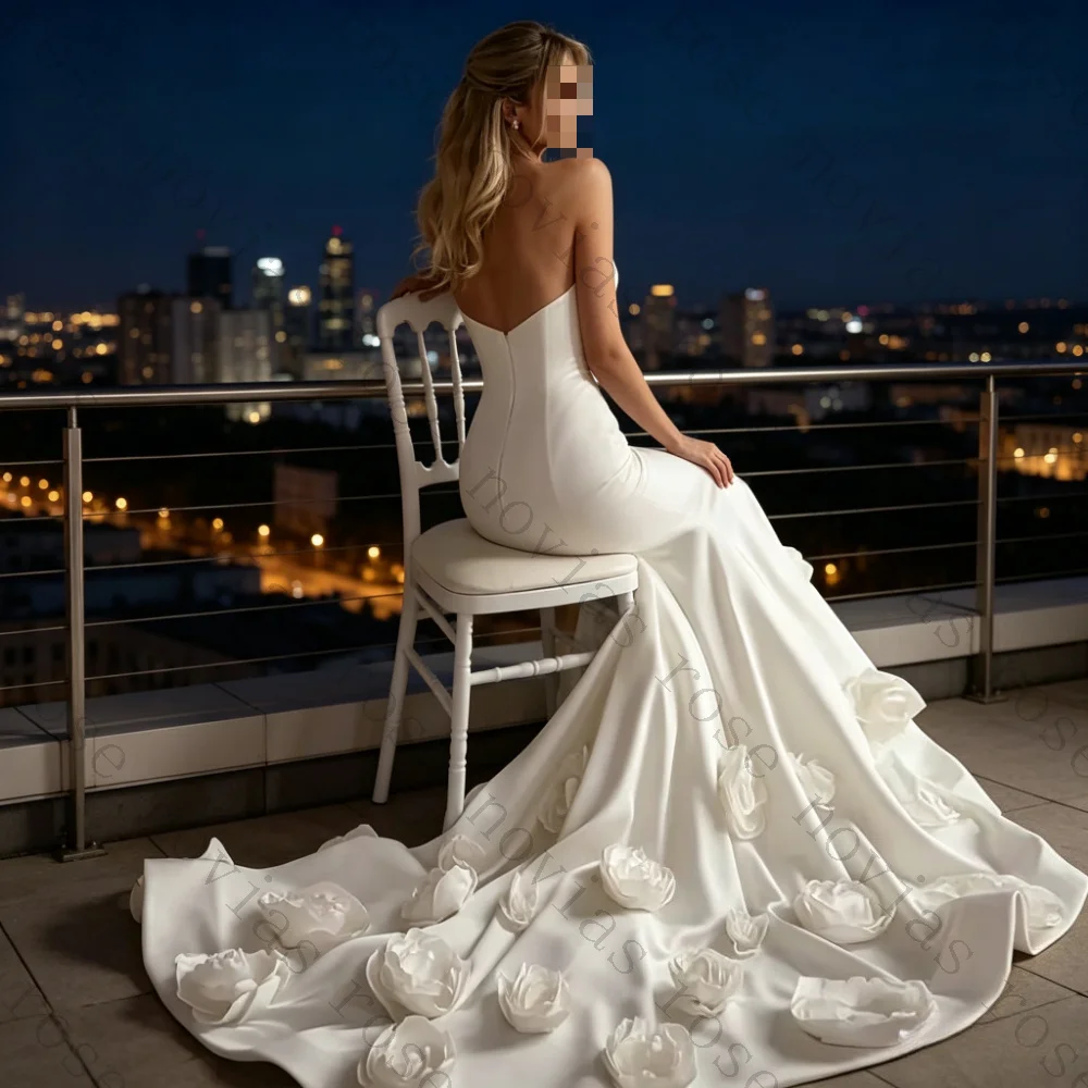 Customized 3D Floral Satin Mermaid Bridal Gowns Off Shoulder Large Handmade Flower Cathedral Train Luxury Modern Wedding Dresses