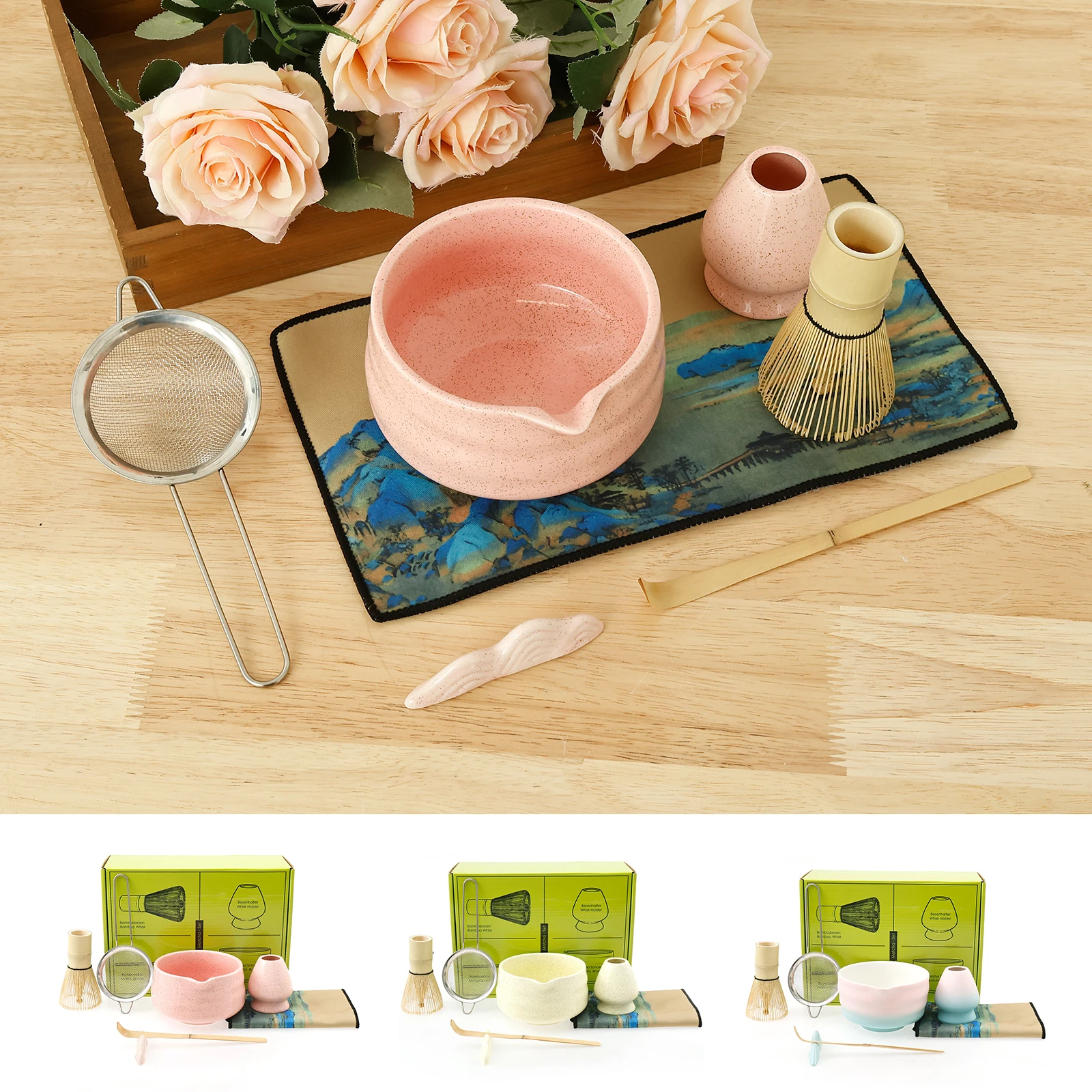 

Японский чайный набор матча с керамическими чашами, держателем для венчика и венчика, сито, подставка для чая и коврик, набор инструментов для изготовления матча для начинающих, подарок