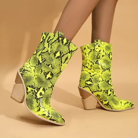 Green Faux Leather Cowboy Ankle Boots for Women Wedge High Heel Boots Chunky Snake Print Western Cowgirl Boots 2024