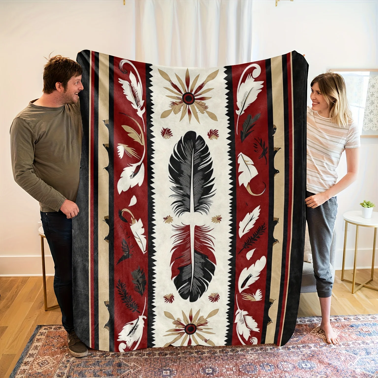 Soft Flannel Feather Blanket Indian Style Throw, Red Black White Beige Brown Gray, All Seasons Cozy Bedspread Sofa Gift