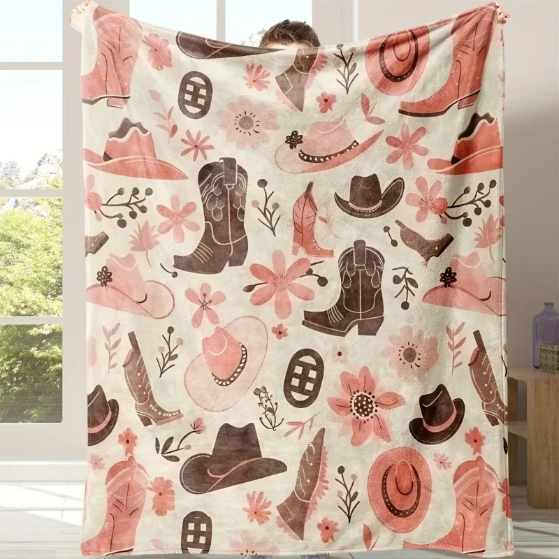 Western Cowboy Boot Hat Wildflower Print Throw Blanket, Retro Country Style Home Textile for Indoor Space