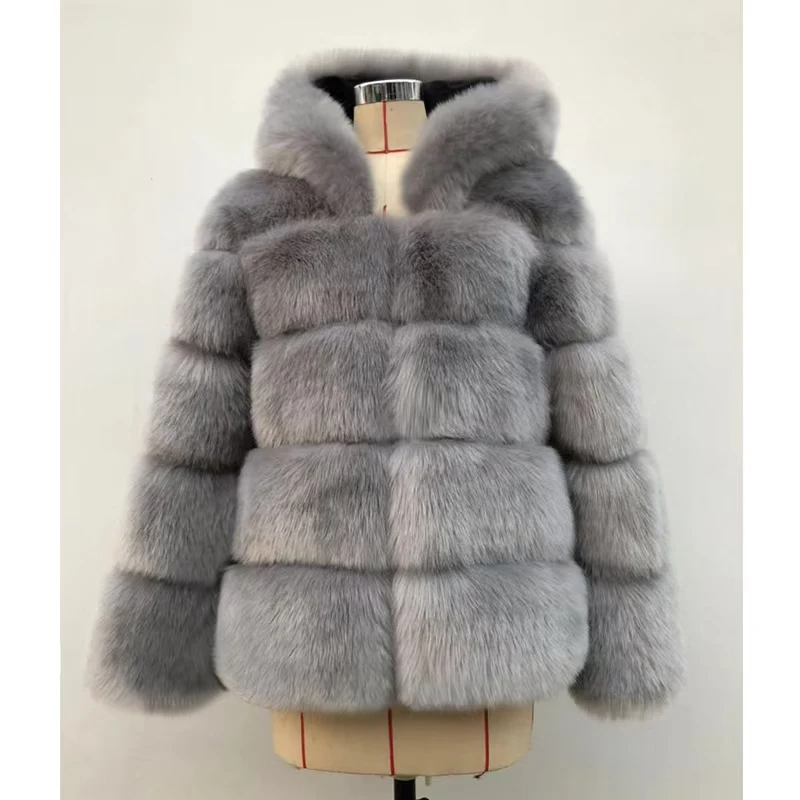 

Autumn Winter Furry Ladies Puffy Tops Winter Fur Jacket Fashion Street Cropped Faux Fur Coat Jacket Hooded Straight