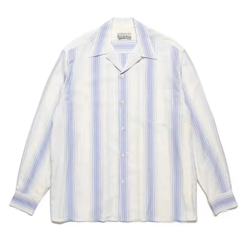 Urban Mens Womens Trendy Simple Stripe Cuban Collar WACKO MARIA Shirt Best Quality Autumn Brand Loose Hawaii Long Sleeve Shirt