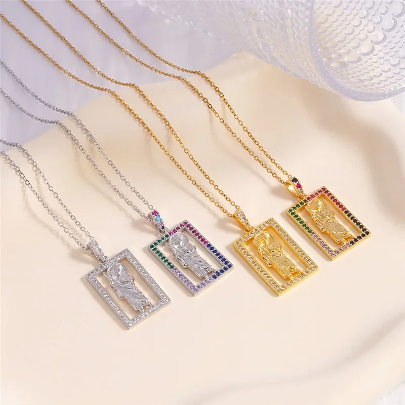 Retro Hiphop Holy Mother Zircon Pendant Necklace Stainless Steel Chains Vintage Geometric Choker Jewelry Gifts For Women Men