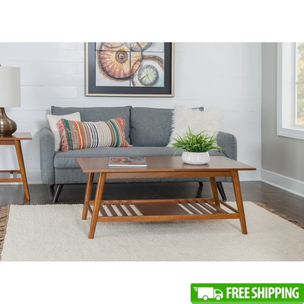 

Журнальный столик середины века с полкой, отделка орехового дерева, гладкий дизайн, прочное хранение, для использования в помещении, стильная прямоугольная форма