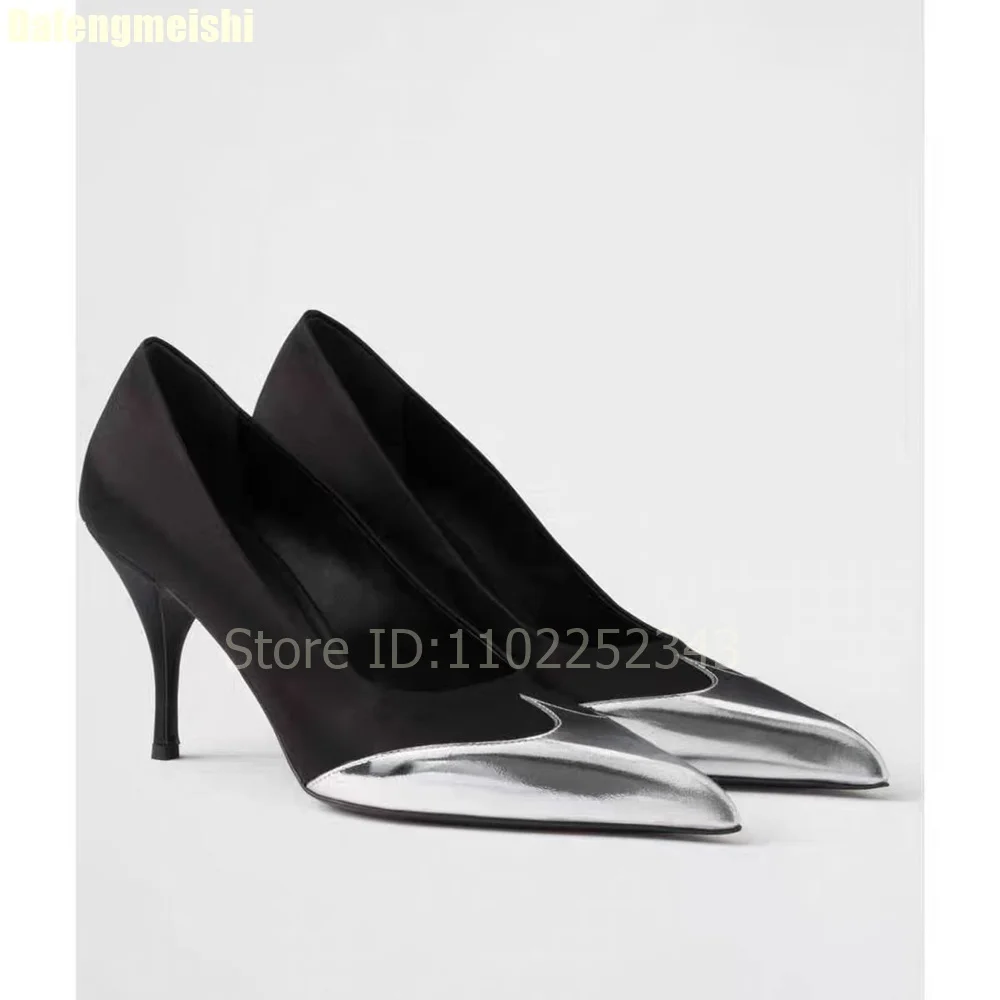 

Black/silver Mixed Color Pointed Pumps Women Fashion Satin Stiletto Heel Shoes Elegant Silver Metallic Toe High Heels
