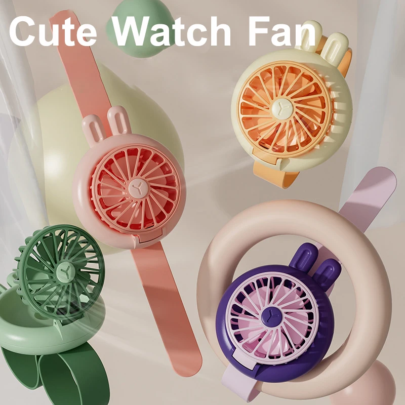 

Cartoon Wrist Small Watch Fan USB Charging Mini Portable Strap Watch Colorful Toy Gift Fans for Children Gifts Kids Summer Cool