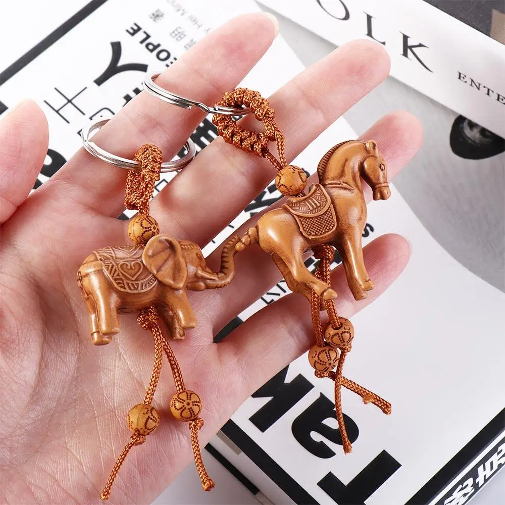 Carving Cartoon Key Ring Bag Charm Chinese Knot Pendant Lucky Horse Keychain Key Holder Lucky Horse Keyring Weaving Key Chains