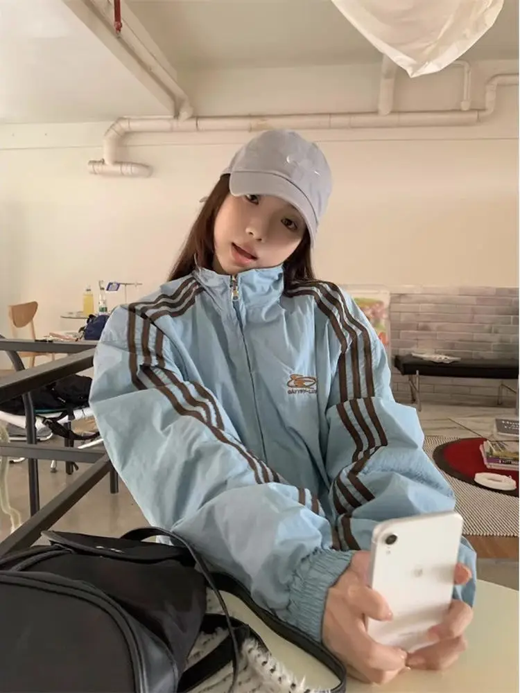 سترة نسائية أمريكية عتيقة الطراز ذات وجهين للربيع والخريف، فضفاضة بثلاثة خطوط، قطعة علوية رياضية غير رسمية بسحاب وأكمام طويلة #1