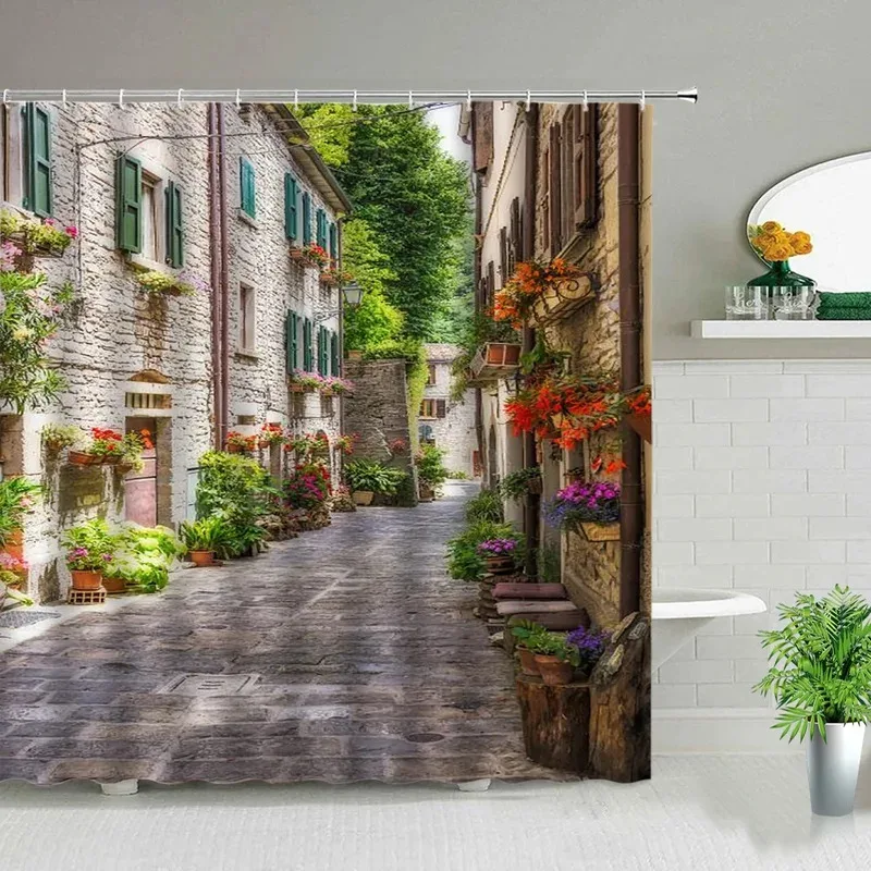 

JHB23Purple Flowers Scenery Waterproof Shower Curtains Rural Street Landscape Floral Bathroom Curtains Washable Home Decor W9Kj(