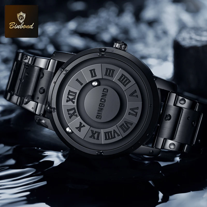 BINBOND Luxury Men Quartz Watches Fashion Magnetic Levitation Hollow Out Stainless Steel Waterproof Men Watch Relogio Masculino