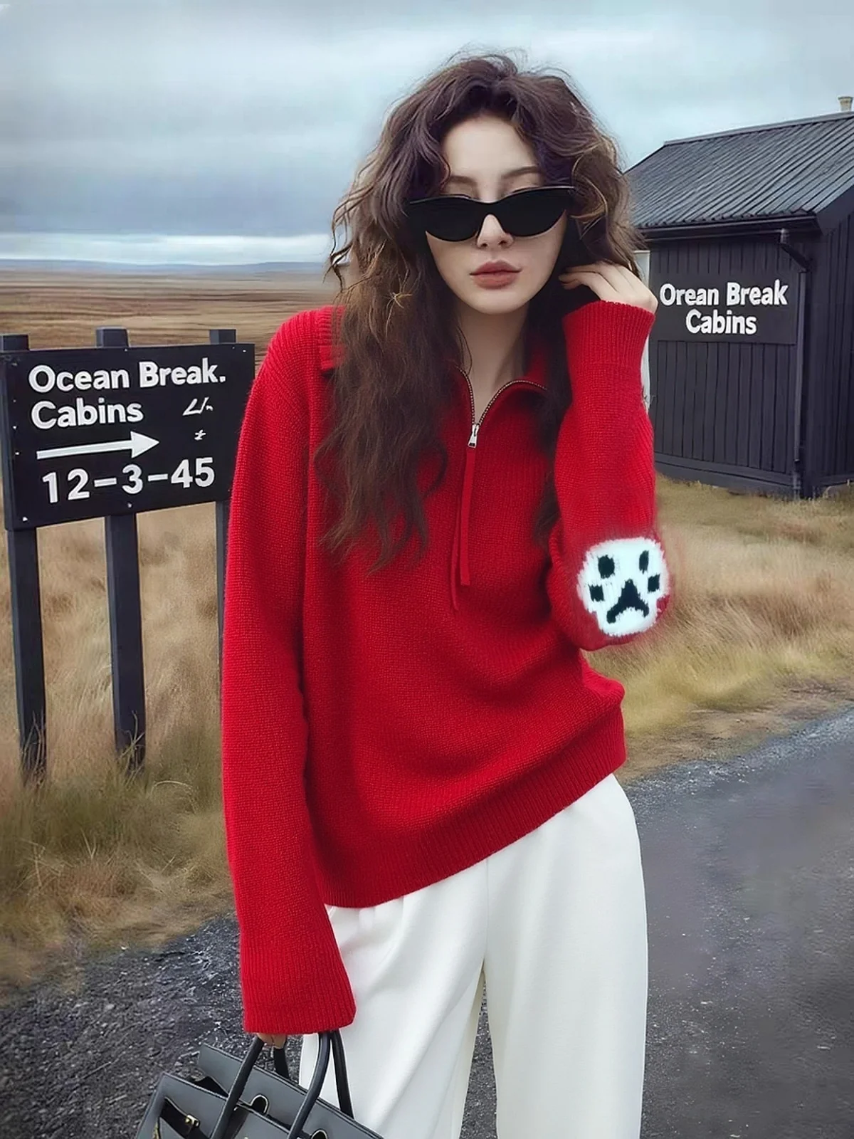 

Женский вязаный свитер La Chapelle красного цвета на молнии с большим воротником, демисезонный, омолаживающий, модный