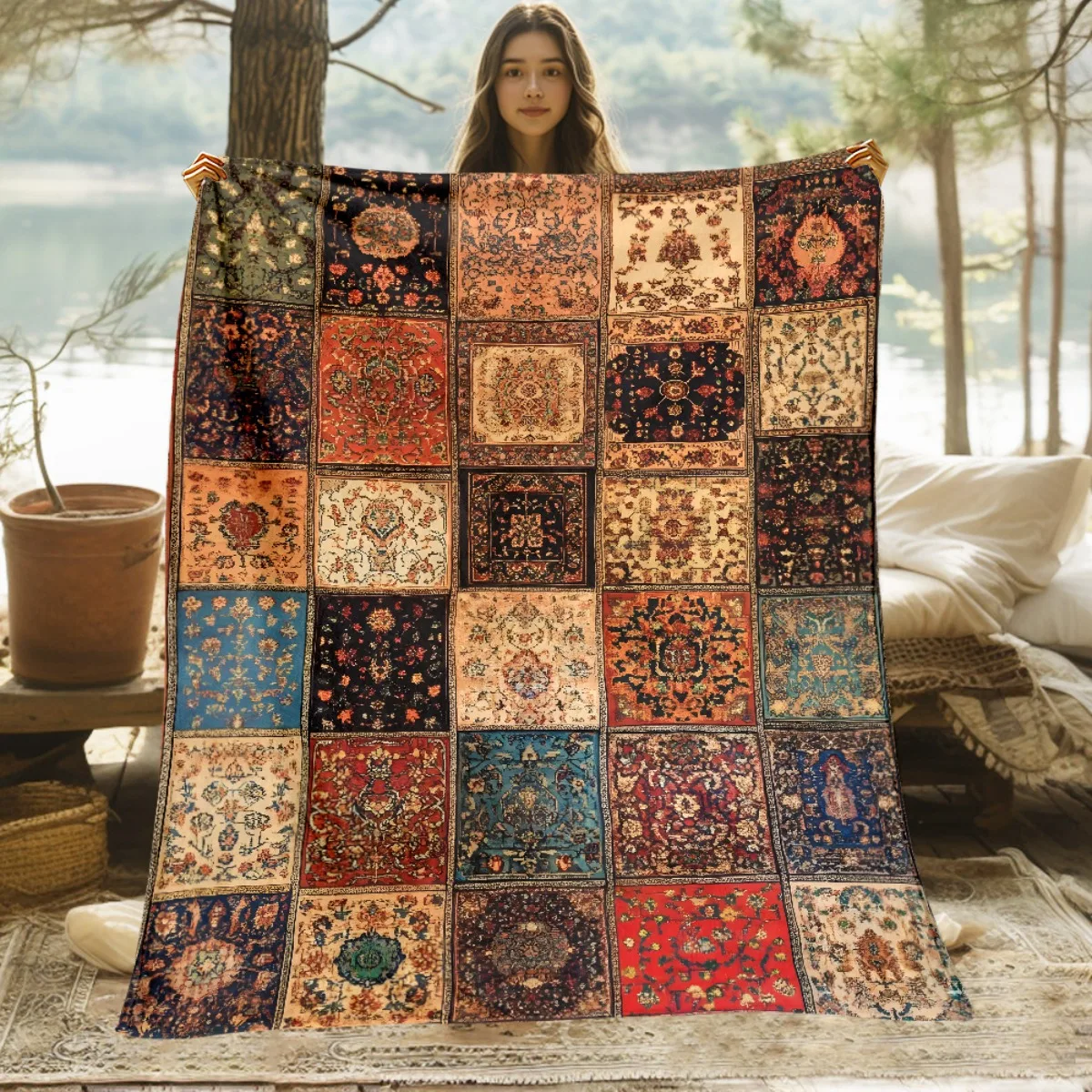 1pc Retro Patchwork Pattern Printed Outdoor Blanket - Lightweight Flannel for Camping, Picnic, Hiking, Tourism, Airplane, Bedroo