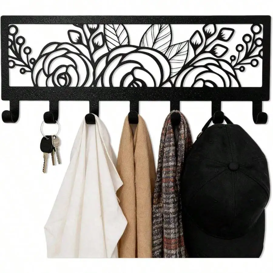 Black Metal Flower Wall Mount Rack With Hooks, Decorative Wall Hanger Coats, Jackets, Hats, Bags, Keys, Metal Wall Organizer Bed