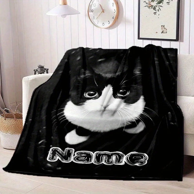 Custom Black White Cat Blanket Cute Kitten Face Design Personalized Name Fleece Throw All Season Soft Warm Bedding Home Decor