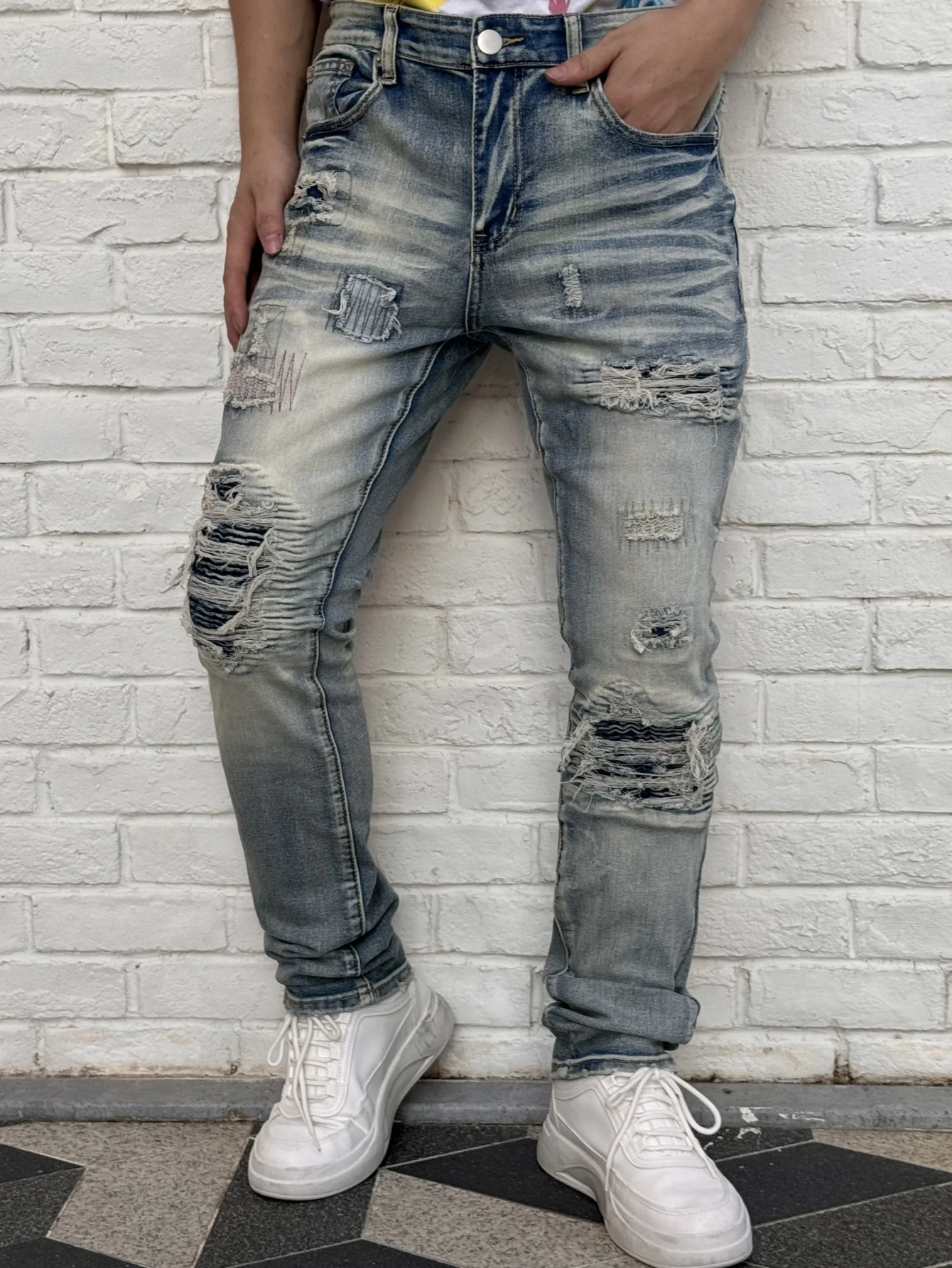 

Men's Denim Shorts With Split Hems Patchwork Series Street Fashion Hip Hop Rap Style Dress Pants Blue Cotton Spun Fabric
