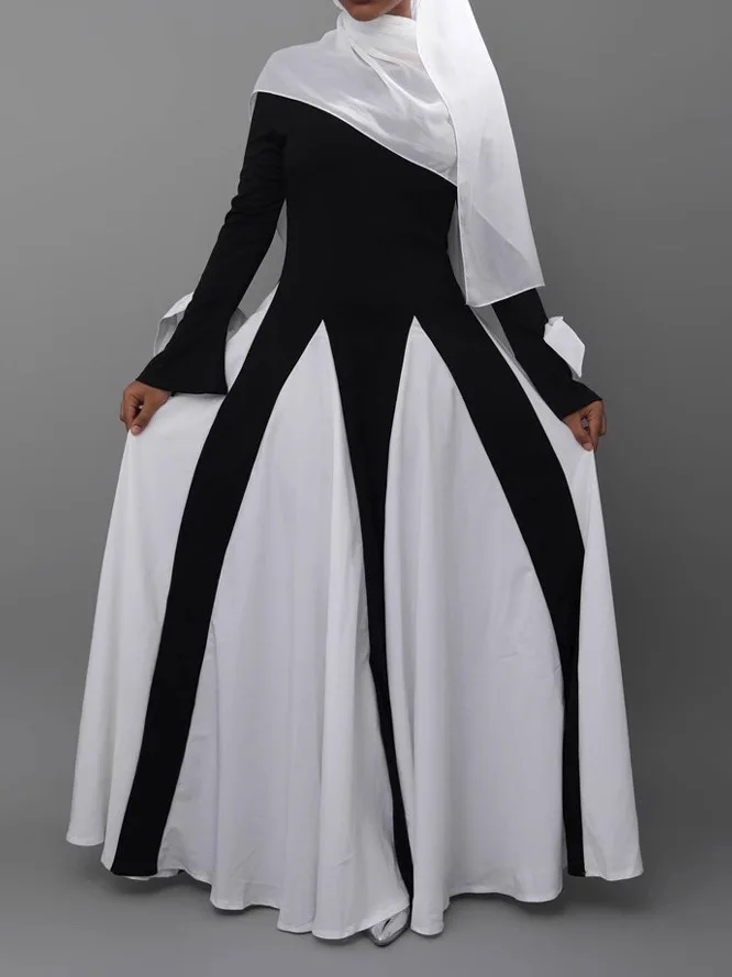 Elegant Black White Splice Maxi Dress Women's Fashion Autumn New Style Simple Design Floor Length Dress