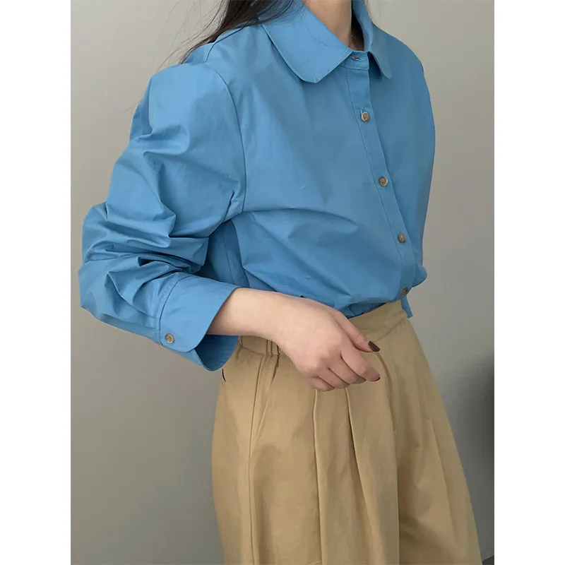 

Lady Cute Japanese Cotton Basic Blouse for Women Long Sleeve Single-breasted Loose Shirts with Peter Pan Collar Blue Pink 7-5