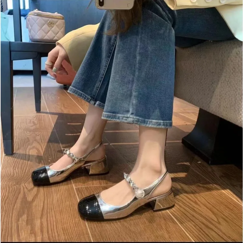 2024 Ladies New Summer Baotou Fashion Pearl Buckle Chunky Heel Sandals Daily Casual Banquet Dress Women\'s Pumps High Heels