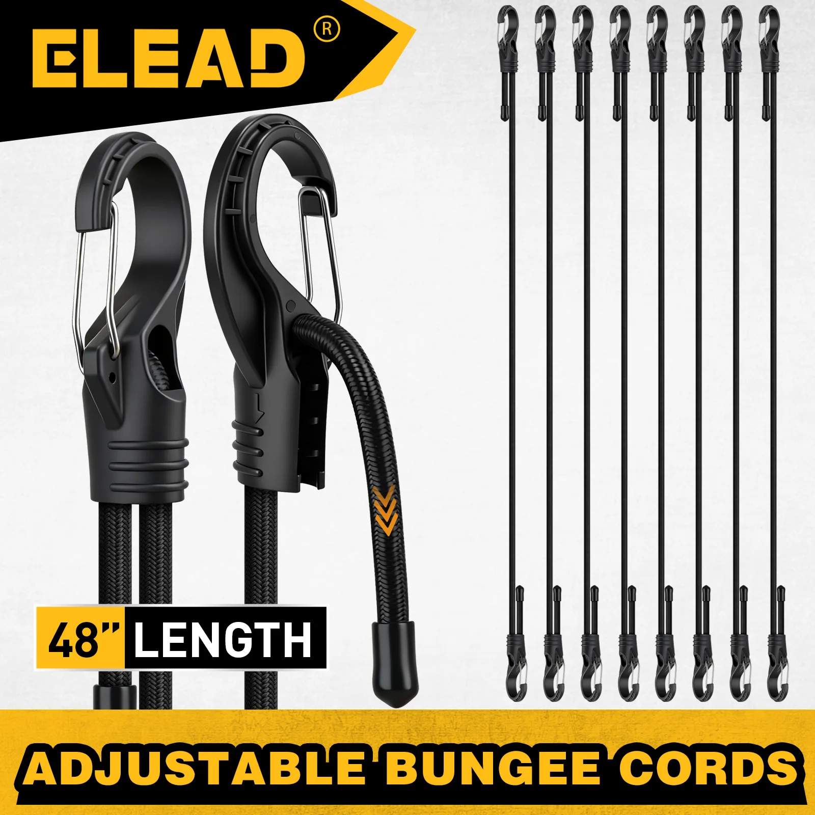 

ELEAD 8-Piece 48-inch Adjustable Bungee Cords with Hooks, Heavy Duty 7"-48" Elastic Straps for Cargo Camping Bike Tents
