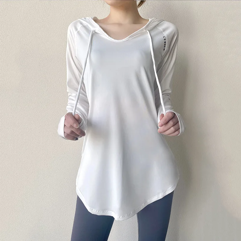 Long Sleeved Women Gym Clothing Solid Yoga Shirts V-neck Sports Top Fitness Hooded Tops Gym Training Shirts Female Sportswear