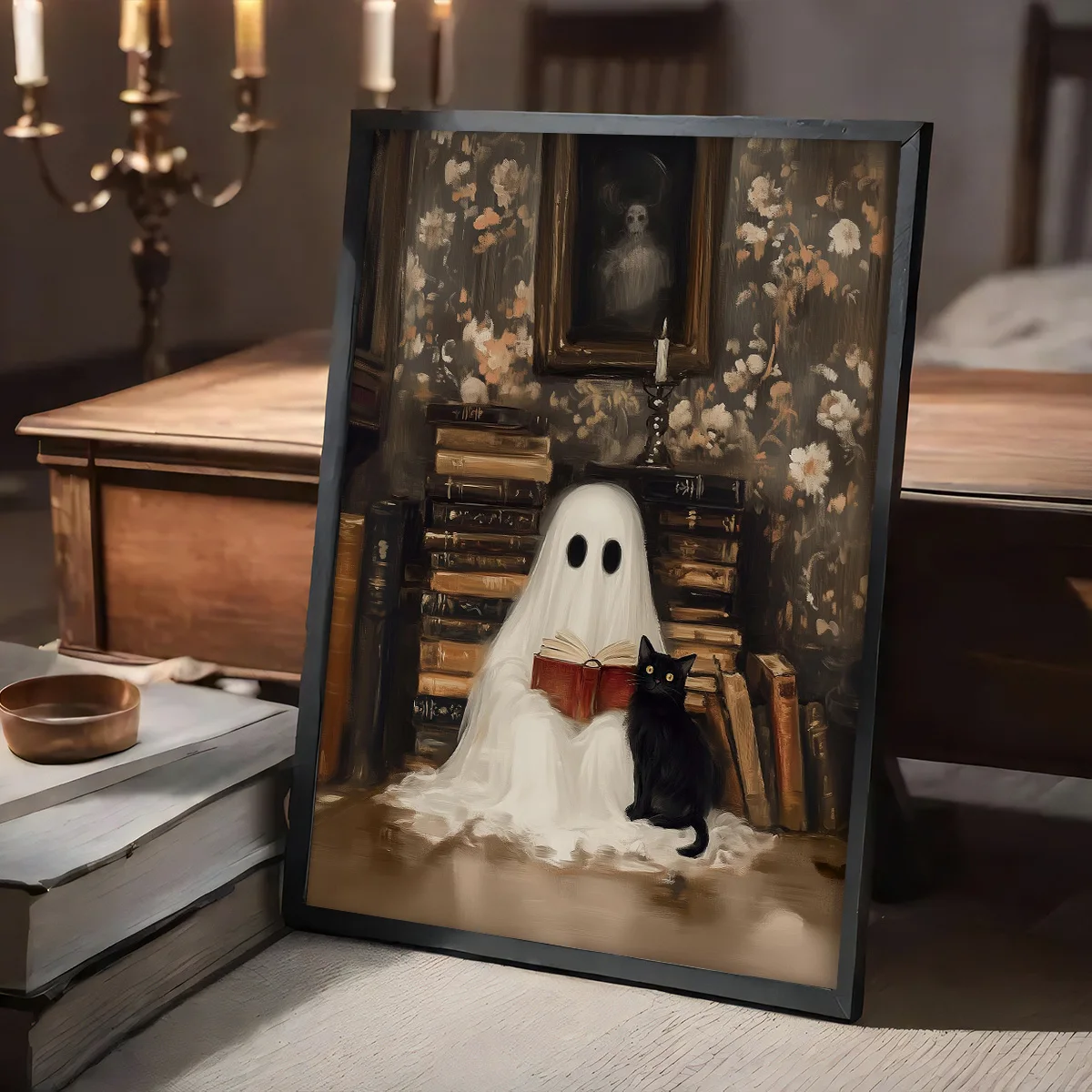 Prints Poster Whimsical Spooky Halloween Art Prints Fall Wall Art Home Decor Art Poster Ghost Black Cat in A Library Canvas