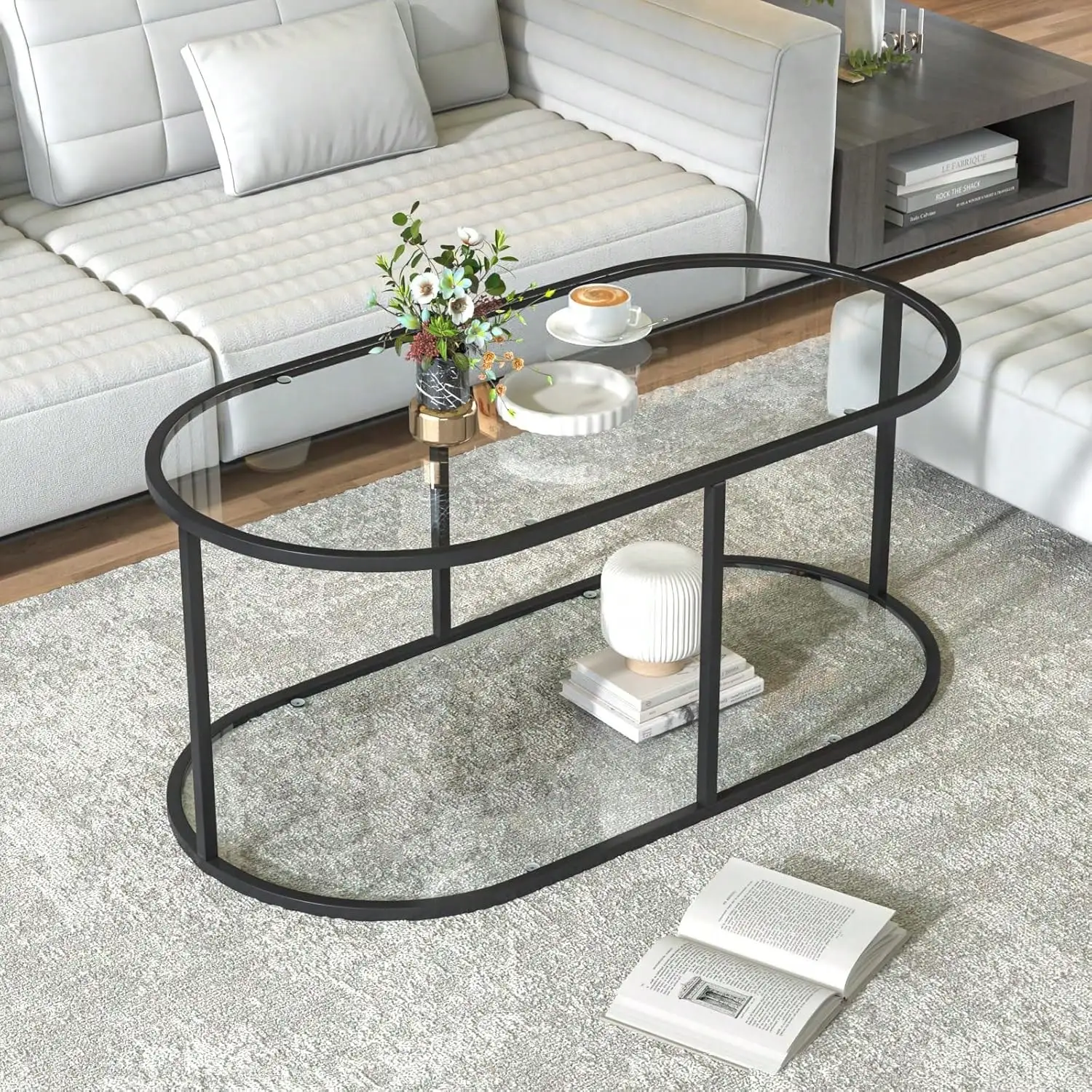 

Coffee Table Black Glass Coffee Table For Living Room,2 Tiers Oval Center Table With Sturdy Metal Frame
