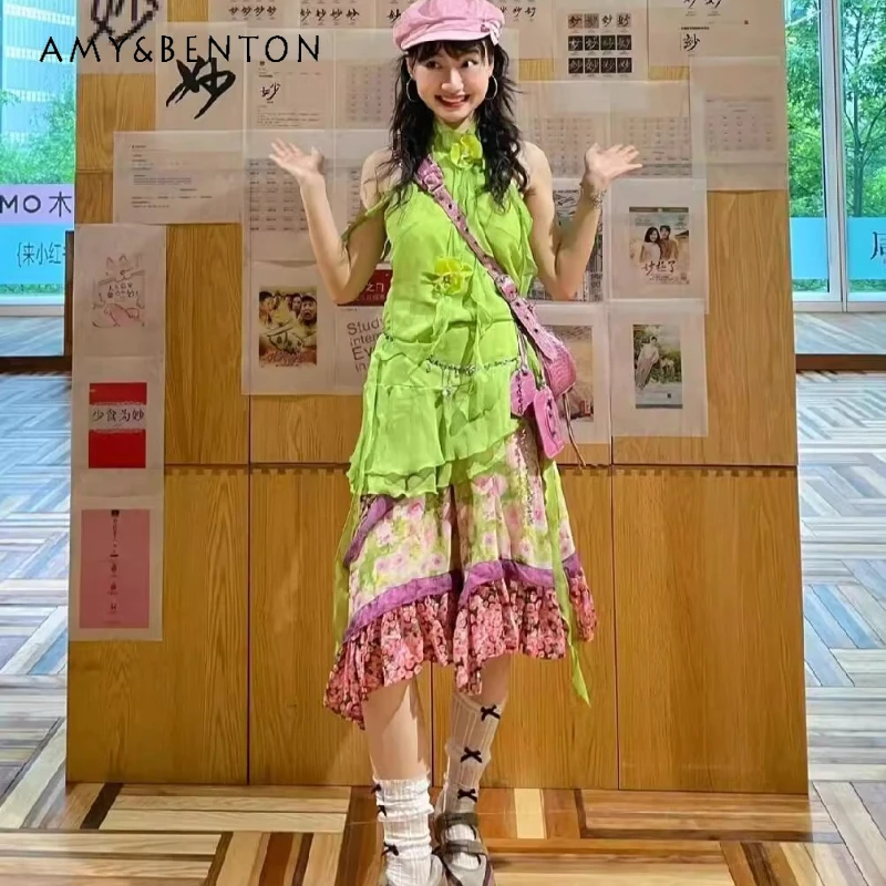 

French Design Pastoral Chiffon Floral Splicing Women's Skirt Summer New Color-Block Heart Pleated A-Line Flared Skirts Ladies