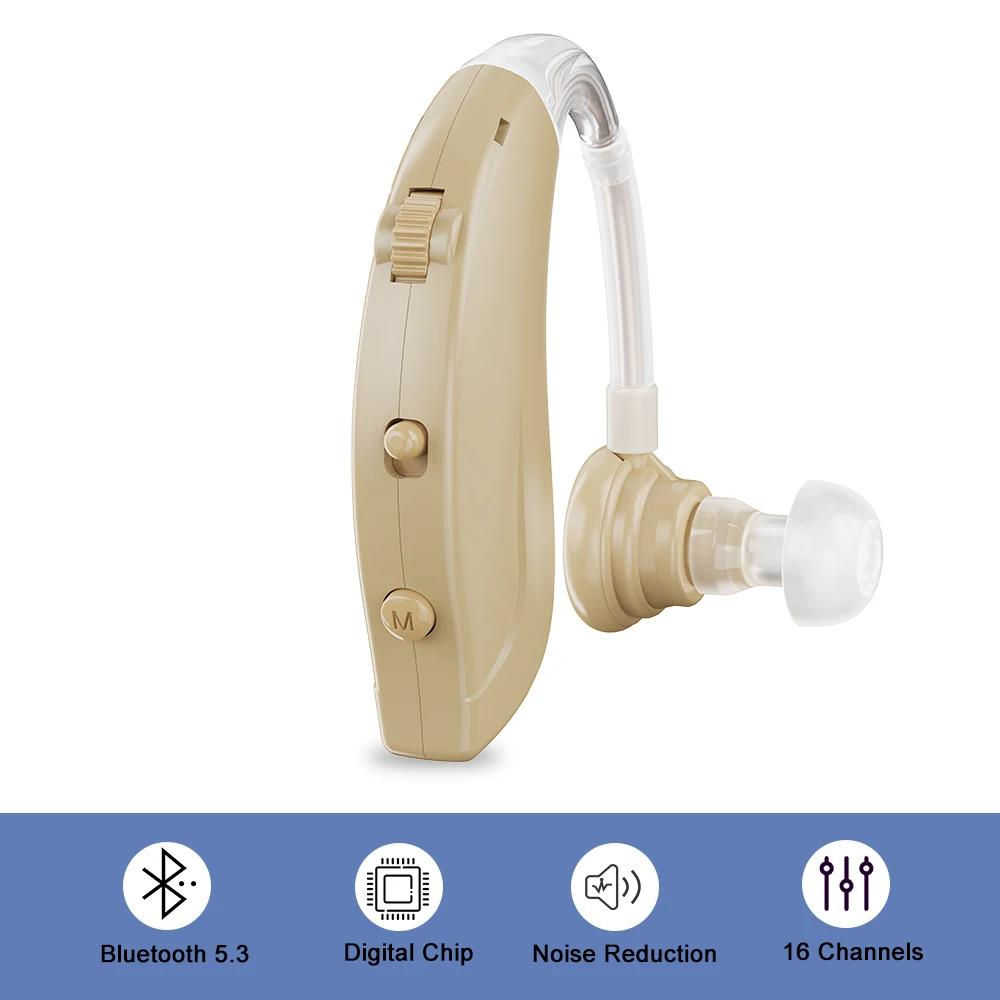 Rechargeable Digital BTE Hearing Aid with Bluetooth Deaf Mini Sound Amplifier Left/Right Universal (Single Ear)
