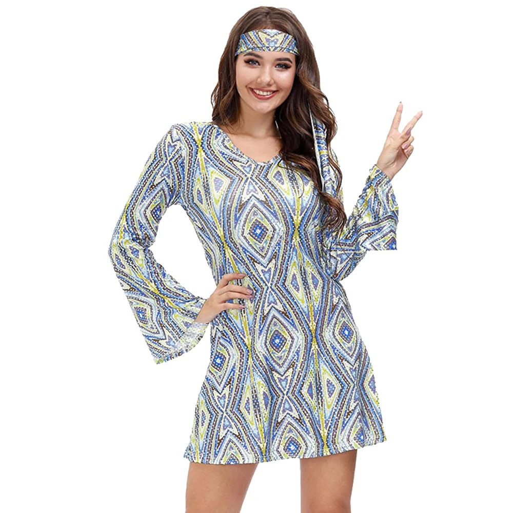 Women 70S Disco Party Skirt Outfit Girl V Neck Long Sleeve Sexy Mini Summer Dress Cosplay Costume Headgear Halloween Xmas Gown