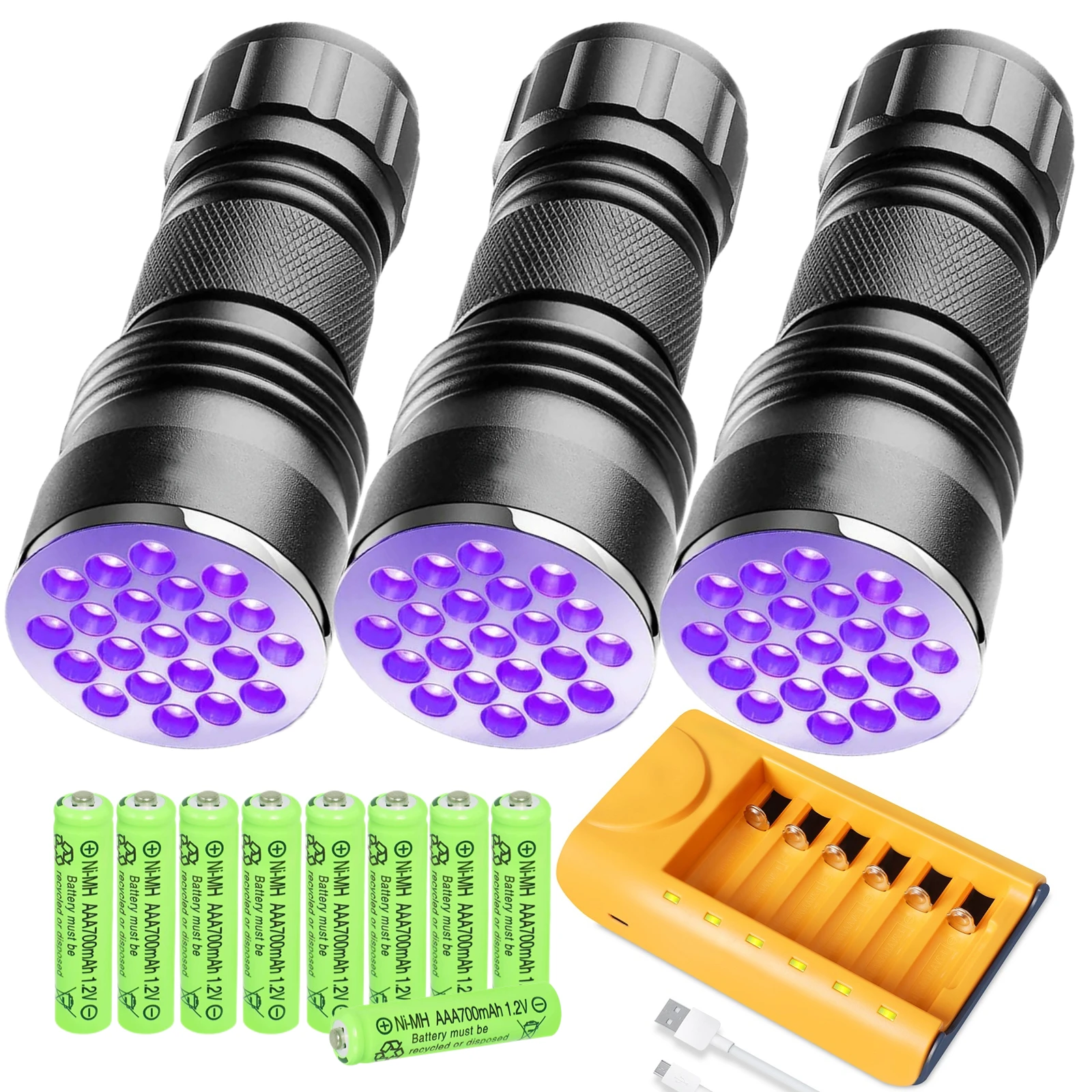 Skywolfeye 3PC 21 LED Ultraviolet Flashlight Black Light Flashlight with Battery Charger Pet Stain Scorpion Finder