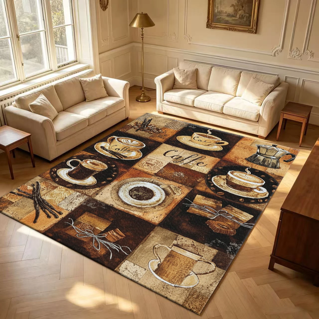 Vintage Coffee Cup Print Area Rug, Retro Coffee Theme Art Carpet for Kitchen Living Room